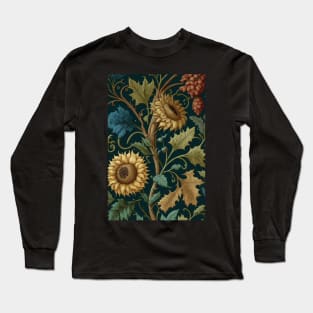 Floral Garden Botanical Print with Fall Gold Flowers Sunflowers and Leaves Long Sleeve T-Shirt